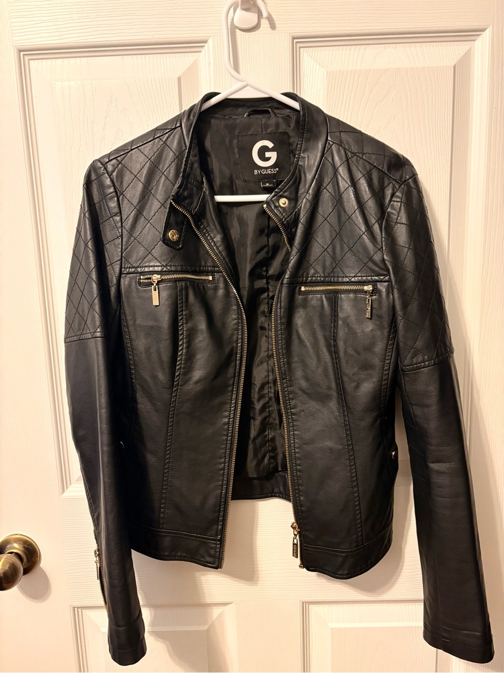 Guess Black Quilted Leather Moto Jacket with Gold Zippers